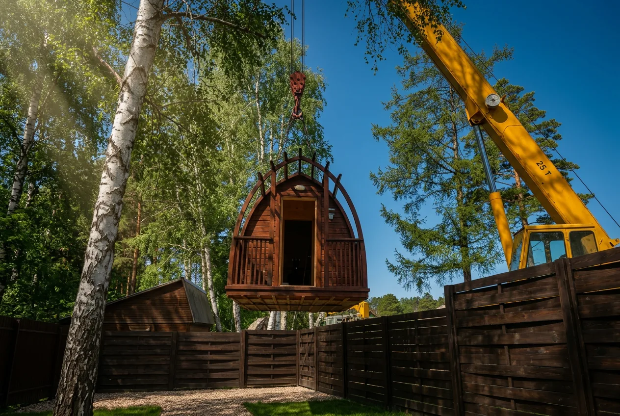 Монтаж бани краном на участке